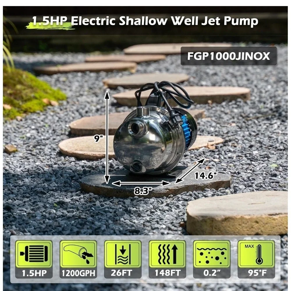 FLUENTPOWER Shallow Well/Deep Garden Pump, 1.5HP 1200GPH Portable Water Booster